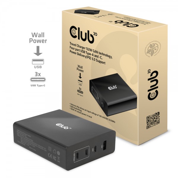 Club 3D Netzteil USB Typ A &amp; C 4-fach 132W