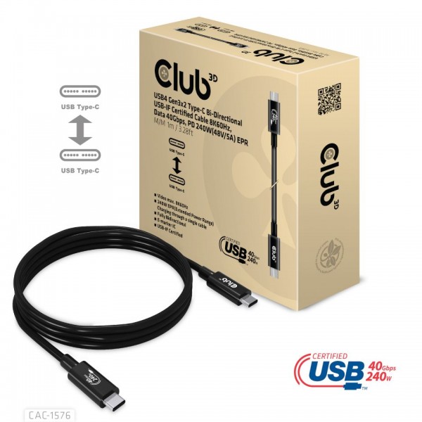 Kabel USB, C(St) =&gt; C(St), 1.0m, USB4.0, *Club 3D* 240W 8K60Hz