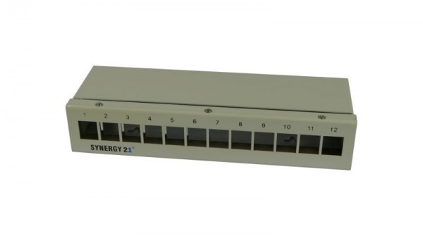 Patch Panel 12xTP, CAT6A, incl.Keystone, Short mit Kabelklemme, Aufputz Metall, Lichtgrau, Synergy 21,