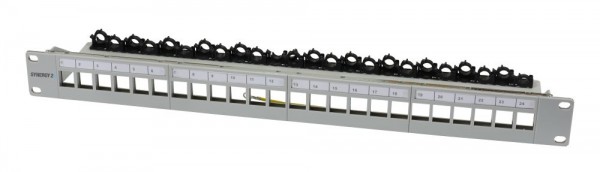 Patch Panel 24xTP,CAT6A, incl.Keystone Slim-line/Short mit Staubschutzklappe, 19&quot;, 1HE(t 94mm) mit Kabelklemme, Lichtgrau, Synergy 21,