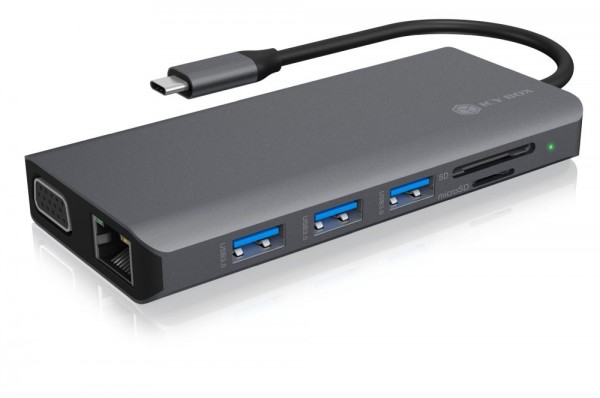ICY Box Adapter, USB Type-C Dockingstation(USB 3.0 Type-A+C/2xHDMI/DP(Displayport)VGA/LAN/SD+micro Kartenleser), IB-DK4050-CPD,