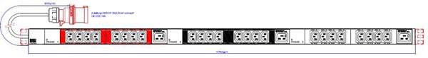 Bachmann PDU, Steckdosen, 24xDosen(C13)+ 3x(C19) IEC Lock-&gt; 3ph Zuleitung 3m, 16A, mit Stecker CEE 16A rot,