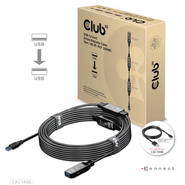 Kabel USB 3.2 A (St) =&gt; A (Bu) 15,0m *Club 3D* aktiv