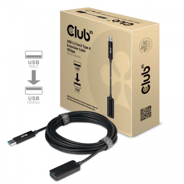 Kabel USB 3.2 A (St) =&gt; A (Bu) 5,0m *Club 3D* 10Gbits