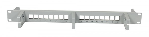 Patch Panel 16xTP,CAT6A, incl.Keystone Slim-line/Short mit Staubschutzklappe, 19&quot;, 1HE(t 92mm) mit Kabelbügel, Lichtgrau, Synergy 21,