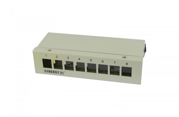 Patch Panel 8xTP, CAT6A, incl.Keystone, Slim-line/Short mit Staubschutzklappe, Aufputz Metall, Lichtgrau, Synergy 21,