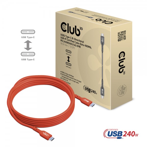 Kabel USB 2.0 C (St) =&gt; C (St) 4,0m *Club 3D* 240W