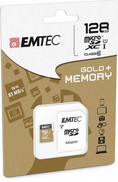 Flash SecureDigitalCard (SD) 128GB *EMTEC* microSDXC 128GB EMTEC + Adapter CL10 Gold+ UHS-I 85MB/s Blister