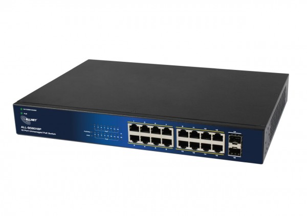 ALLNET Switch unmanaged Layer2 18 Port • PoE Budget 240W • 16x PoE at • 2x SFP • 19&quot; • Lüfterlos • ALL-SG8018P