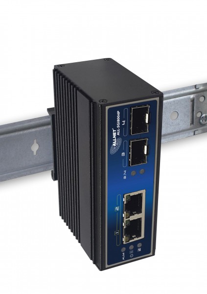 ALLNET switch industrial unmanaged Layer2 4 Port GbE • PoE Budget 180W • 2x PoE bt • 2x SFP • Lüfterlos • DIN • ALL-SGI8004P