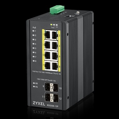 Zyxel Switch unmanaged Layer2 12 Port • 8x 1 GbE • PoE Budget 240 Watt • 8x PoE at • 4x SFP • Industrial • Lüfterlos • RGS200-12P