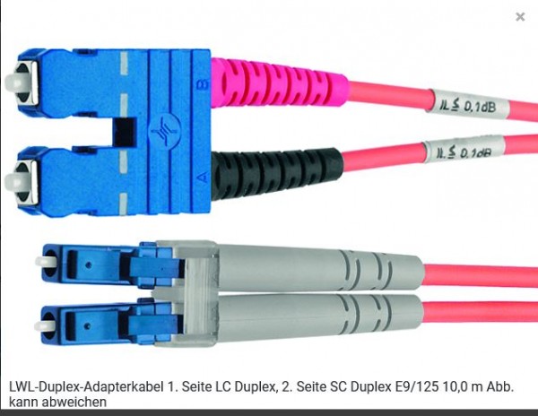 Telegärtner LWL, PatchKabel, duplex, LC-SC, 10m, 9/125u, OS2, AD=2,8mm