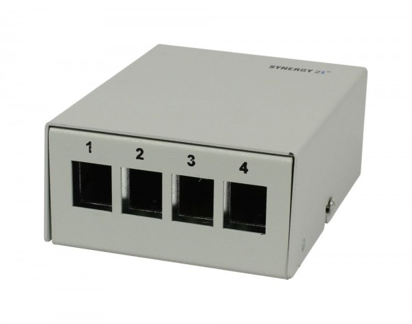 Patch Panel 4xTP, CAT6A, incl.Keystone, Slim-line/Short mit Staubschutzklappe, Aufputz Metall, Lichtgrau, Synergy 21,