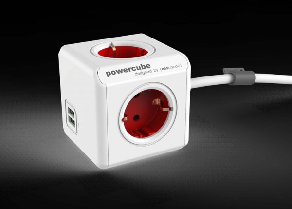 Allocacoc Powercube, Extended USB, 4xDosen(CEE7)-&gt;Stecker(CEE7), 1,5m, weiss/rot