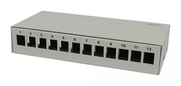 Patch Panel 12xTP, CAT6A, incl.Keystone, Slim-line/Short mit Staubschutzklappe, Aufputz Metall, Lichtgrau, Synergy 21,