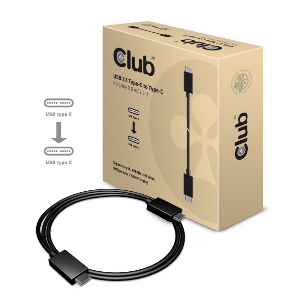 Kabel USB, C(St) =&gt; C(St), 0,8m, USB3.1, *Club 3D* 10Gbps PowerDelivery