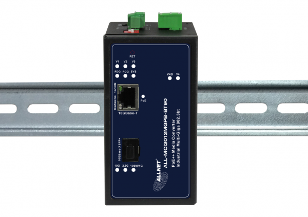 ALLNET Medienkonverter Industrial PoE (15,4W/30W/60W/90W) 1000BASE-SX/-LX Single-/ Multimode SFP to RJ45 Cooper MultiG • Power-Booster 12~57VDC • DIN • ALL-MCI2011P-60W