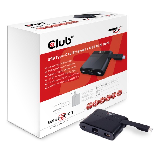 Club 3D SenseVision Adapter USB 3.0 C &gt; Ethernet Gigabit LAN + USB 3.0 + USB Typ C