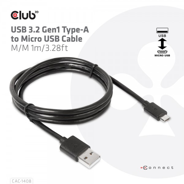 Kabel USB 3.2 A (St) =&gt; Micro B (St) 1,0m *Club 3D*