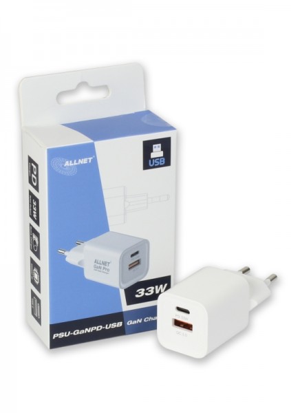ALLNET Ersatznetzteil QC USB-C PD GaN Netzteil Power Supply 33 Watt 1x USB Typ-A QC, 1x USB Typ-C**EU PLUG**