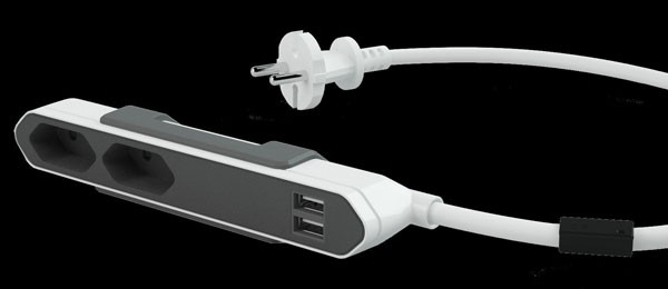 Allocacoc PowerBar, 2xDosen(CEE7/16)-&gt;Stecker(CEE7), USB, 1,5m, weiss/grau
