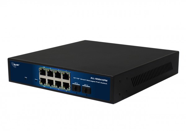 ALLNET Switch smart managed Layer2 10 Port • 8x 1 GbE • PoE Budget 240 Watt • 8x PoE at / 2x PoE bt • 2x SFP • Lüfterlos , 19&quot; • ALL-SG8410PM