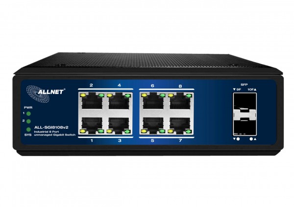 ALLNET Switch unmanaged industrial 8 Port Gigabit / 8x LAN / 2x SFP / Lüfterlos / DIN / IP40 / &quot;ALL-SGI8108v2&quot;