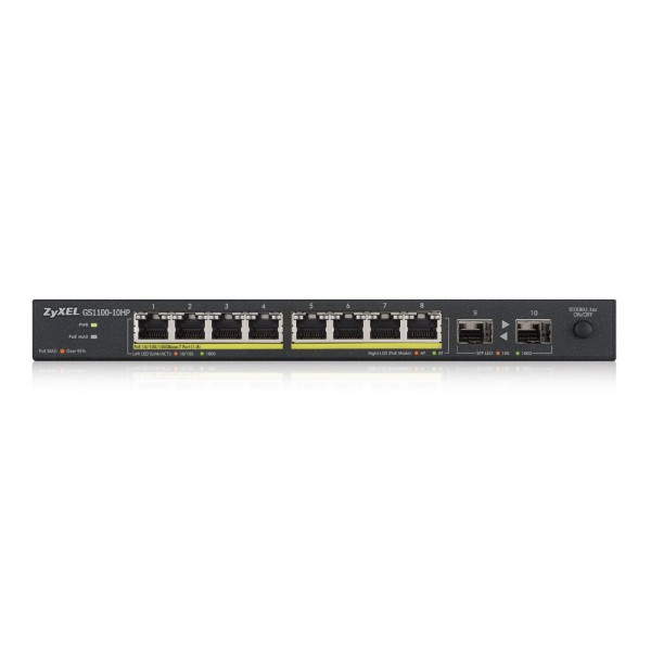 Zyxel Switch unmanaged Layer2 10 Port Â• 8x 1 GbE Â• PoE Budget 130 Watt Â• 8x PoE at Â• 2x SFP Â• Desktop Â• Lüfterlos Â• GS1100-10HPV2