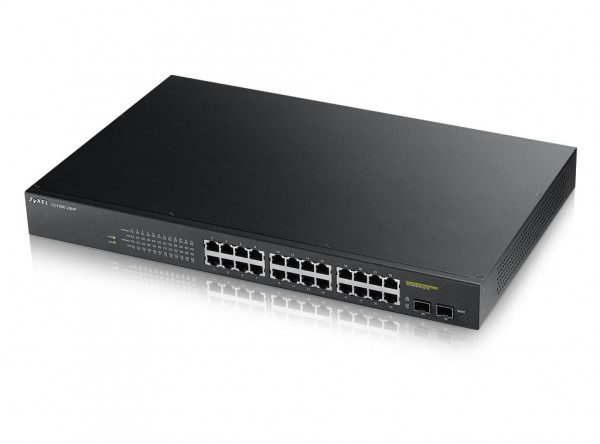 Zyxel Switch smart managed Layer2 26 Port • 24x 1 GbE • PoE Budget 170 Watt • 24x PoE at • 2x SFP • 19&quot; • GS1900-24HPV2