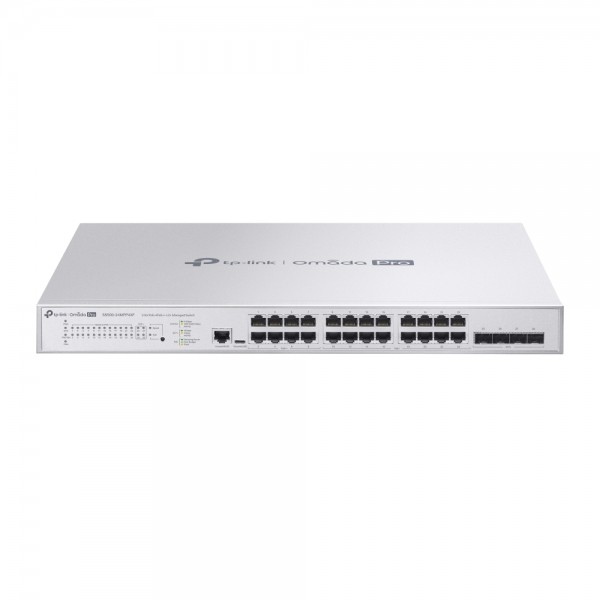 Omada PRO full managed Layer 2+ Switch • 28 Port • 24x 2.5GbE, 4x SFP+ • PoE Budget 500W • 8x PoE bt, 16x PoE at/af • Omada PRO • S5500-24MPP4XF