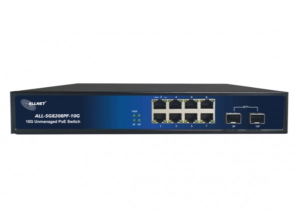 ALLNET Switch unmanaged 8 Port Gigabit 150W / 8x PoE+ / 2 x SFP+ / Lüfterlos / 19&quot; ALL-SG8208PF-10G