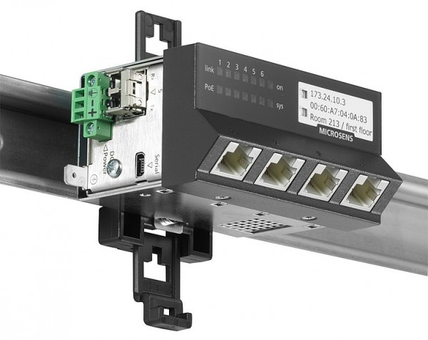 Microsens Gigabit Ethernet ruggedized Micro-Switch, Hutschiene, horizontal, PoE+, 5xRJ45, 1xSFP, MS440209PMXH-48G6+