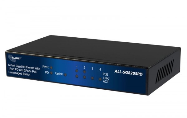 ALLNET Switch unmanaged 5 Port Gigabit 36W / 2x PoE / 2x LAN / 1x PoE+ In / &quot;ALL-SG8205PD&quot;