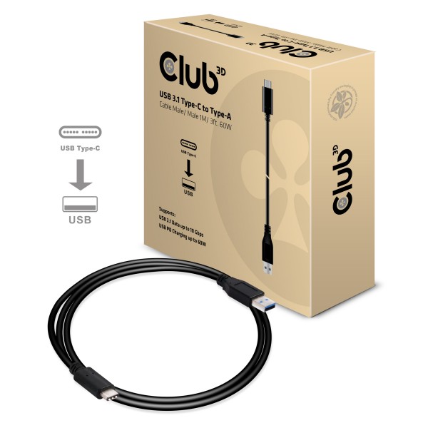 Kabel USB 3.1 A (St) =&gt; C (St) 1,0m *Club 3D* 10Gbps PowerDelivery