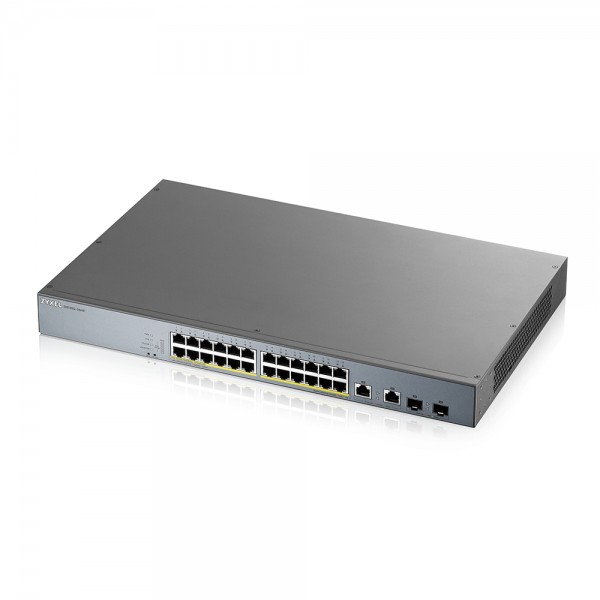 Zyxel Switch smart managed Layer2 26 Port • 24x 1 GbE • PoE Budget 375 Watt • 24x PoE at • 2x 1 Gb Combo • 19&quot; • GS1350-26HP