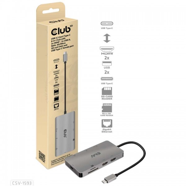 USB Hub 3.2 Typ C =&gt; 2x HDMI, 2x USB-A, RJ45, SD/Micro SD Kartenslots und USB Typ-C BU *Club 3D*