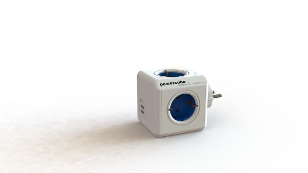 DesignNest(Allocacoc) Powercube, Original USB with rib, 4xDosen(CEE7)-&gt;Stecker(CEE7), weiss/blau,