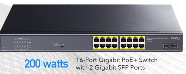 Cudy 16-Port Gigabit PoE+ Switch with 2 Gigabit SFP ports 200W, GS1020PS2