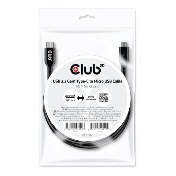 Kabel USB 3.2 C (St) =&gt; Micro USB (St) 1,0m *Club 3D*
