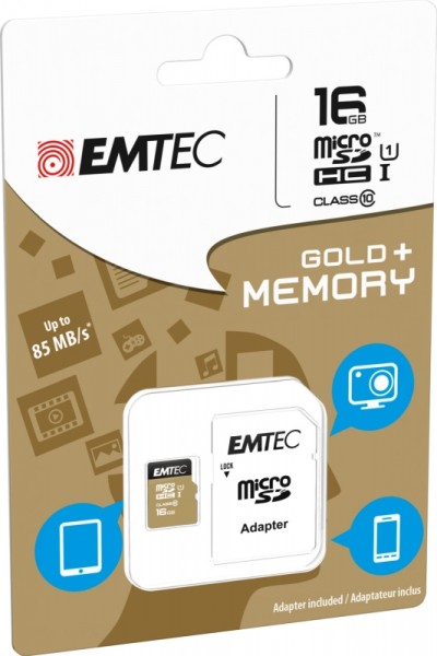 Flash SecureDigitalCard (SD) 16GB *EMTEC* Gold+ microSDHC - Class 10 + Adapter