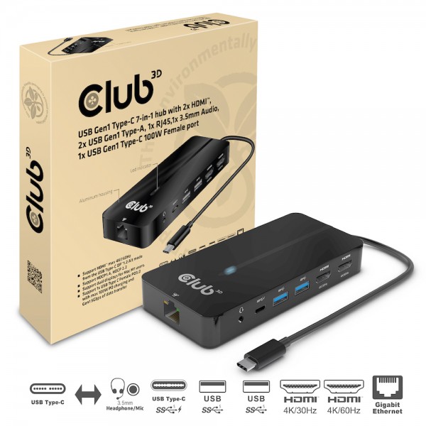USB Hub Typ C =&gt; 2x HDMI, 2x USB Gen1 Typ-A, 1x RJ45, 1x 3.5mm Audio, 1x USB Gen1 Typ-C 100W Buchse *Club 3D*