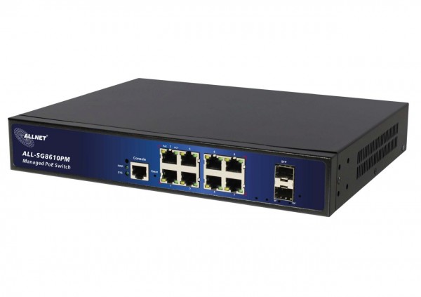 ALLNET Switch full managed Layer2+ 10 Port • 8x GbE • PoE Budget 130W • 8x PoE at • 2x SFP • 19&quot; • Lüfterlos • ALL-SG8610PM