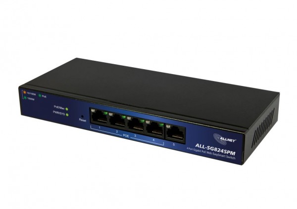 ALLNET Switch smart managed 5 Port Gigabit 60W / 4x PoE+ / 1x LAN / Lüfterlos &quot;ALL-SG8245PM&quot;